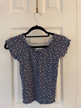 Old Navy Navy Blue Top with Pink and White Floral Speckles